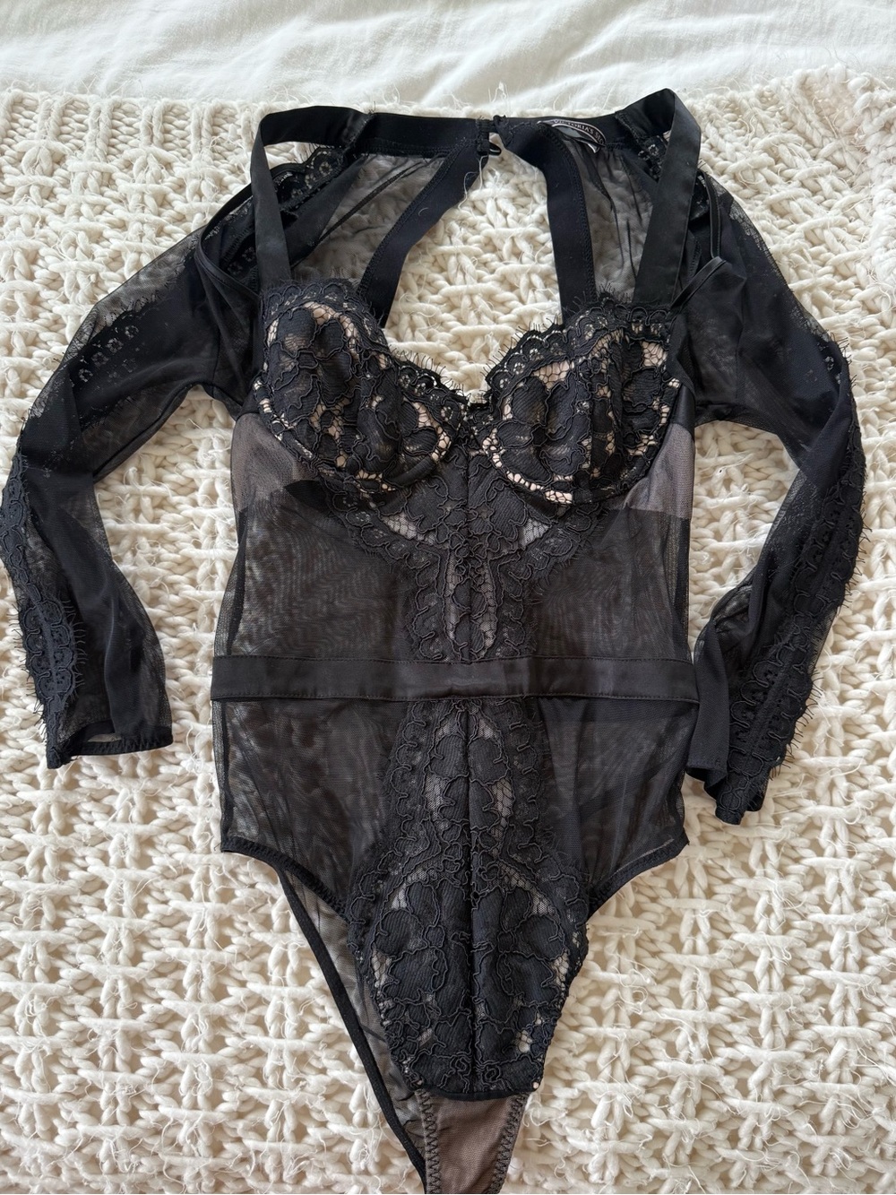 Victoria's Secret Black Lace & Mesh Long-Sleeve Bodysuit